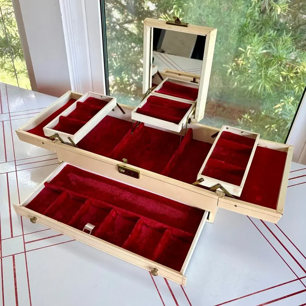 Large Vintage 1960s Cantilever Jewelry Box Red Velvet Mirror Ivory Vanity